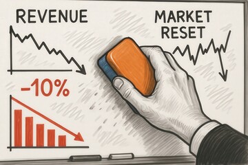 negative revenue rate concept. Market reset concept illustrated with a hand erasing revenue graphs.