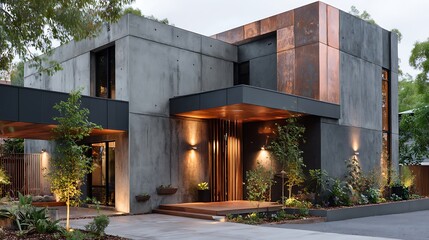 Contemporary cubic house design with concrete facade and landscape detailing
