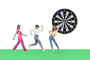 Horizontal surreal picture collage photo advert of three women go forward work together as team to reach goal dartboard target motivation