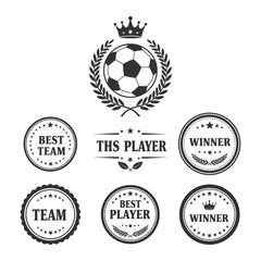 Collection of soccer themed graphics including team winner and player badges and a soccer ball emblem vector