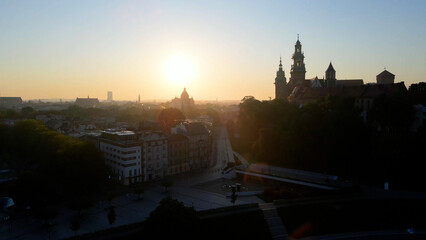 beautiful European city from above at sunrise Krakow Poland