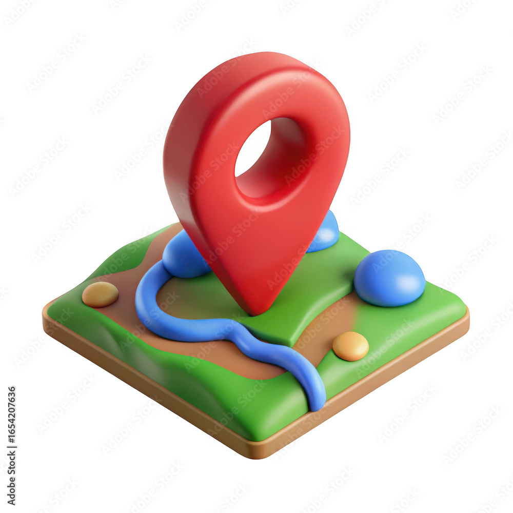 Poster 3d red map pin location marker on isometric terrain isolated on transparent background