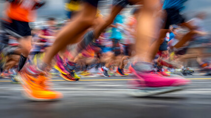 Running race participants in motion during a marathon event