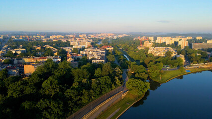 Drone view of European city tourism old town Krakow Poland