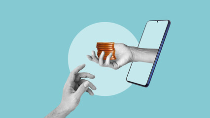Online loan and money lending are shown by hand with gold coins from smartphone screen