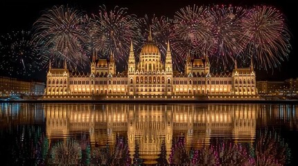 Hungarian Parliament with Fireworks and Golden Hour Reflection in Danube. Hungarian National Day. Saint Stephen's Day