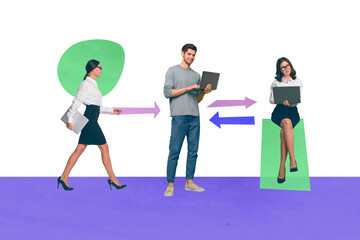 Naklejka premium Collage creative picture illustration happy thoughtful beautiful young women man hold laptop team unusual colorful figure template