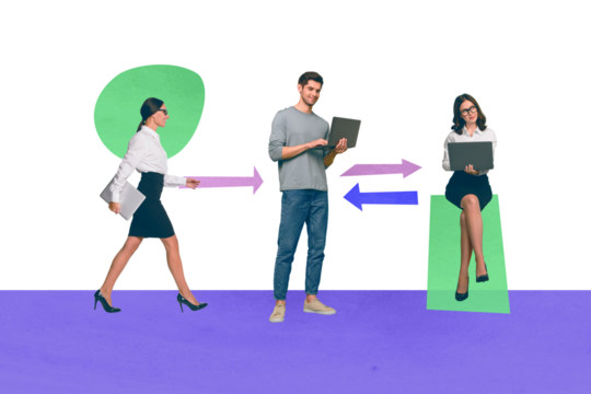 Collage creative picture illustration happy thoughtful beautiful young women man hold laptop team unusual colorful figure template - Powered by Adobe