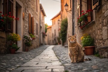 Fototapeta premium A street cat sitting proudly on a cobblestone alley in a historic European town