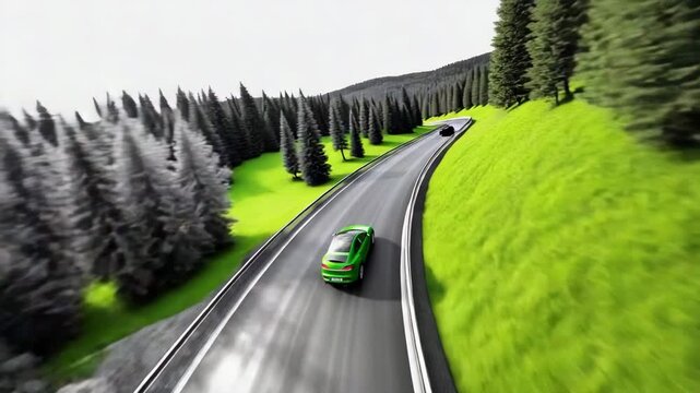 Elektroauto auf Waldstra&szlig;e &ndash; Schwarz-Wei&szlig;-Landschaft verwandelt sich in kr&auml;ftige Farben. K&uuml;nstliche Intelligenz KI