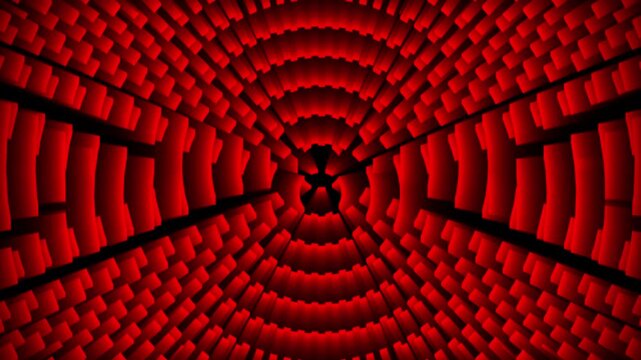 Futuristic red tunnel abstract motion background. Glowing 3D blocks and digital perspective animation