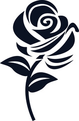Dark blue stylized rose with leaves on white flower