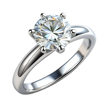 A beautiful diamond engagement ring with a brilliant cut stone, set in a polished silver band, isolated on a transparent background