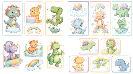 Adorable cartoon baby dinosaur illustrations with pastel colors, rainbows, and clouds. Perfect for kids, nursery decor, stickers, and playful design projects.