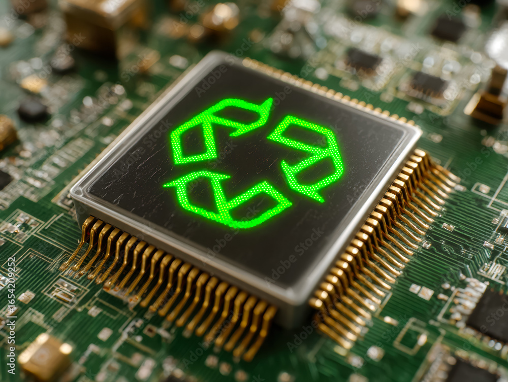 Poster advanced electronic chip with recycling symbol display on circuit board