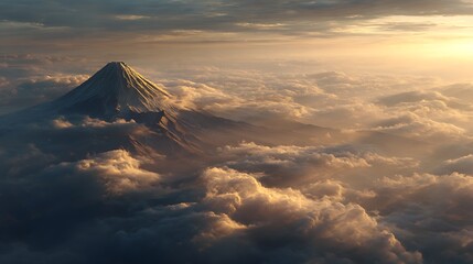 Majestic mountain peak amidst ethereal clouds, illuminated by the setting sun
