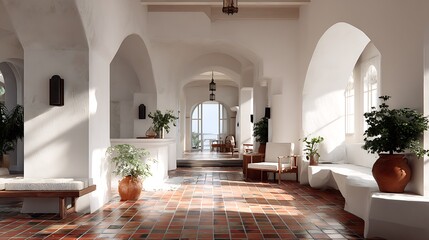 Bright hallway with arches, natural light, and terracotta tiled floor