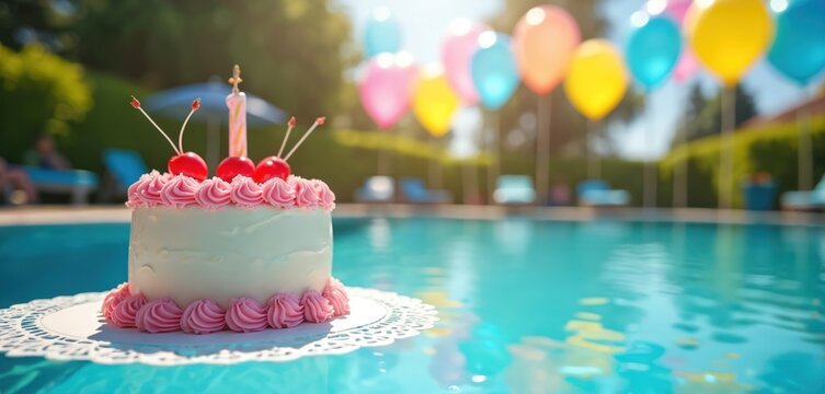 Delightful birthday cake with pink frosting and cherries sits on white doily by bright blue swimming pool. Colorful balloons float in background, suggesting festive outdoor summer party celebration.