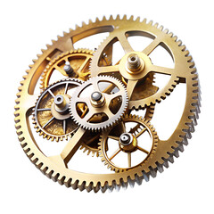 Closeup view of intricate brass clockwork gears and cogs, isolated on a transparent background, representing precision engineering and mechanical systems