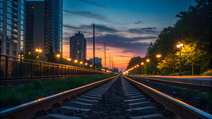 Fototapeta premium Evening light on tram rail lines with glowing reflections