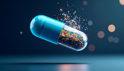 A close-up of a blue and clear capsule filled with colorful beads, against a dark background with blurred bokeh lights.