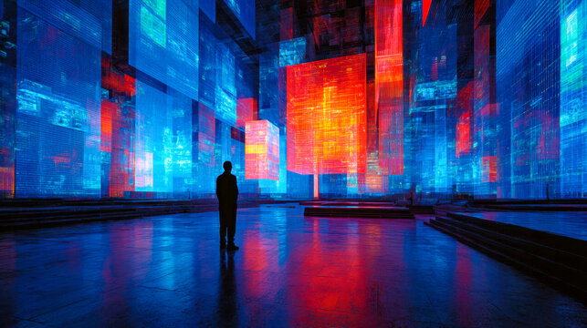 Immersive digital art installation with vibrant blue and red light displays