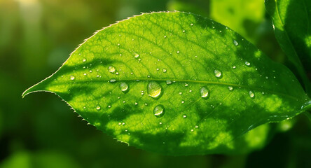 Fresh Green Leaf with Morning Dew Drops Macro Photography