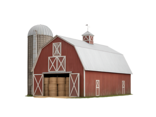 Red barn with silo and hay bales isolated on transparent background