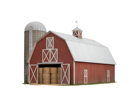 Red barn with silo and hay bales isolated on transparent background