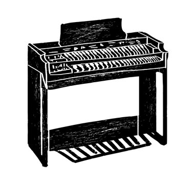 Electric organ, electronic organ. Music festival poster. Keyboard musical instruments. Competition. A set of vector illustrations. Minimalistic design. Banner, flyer, cover, print.	