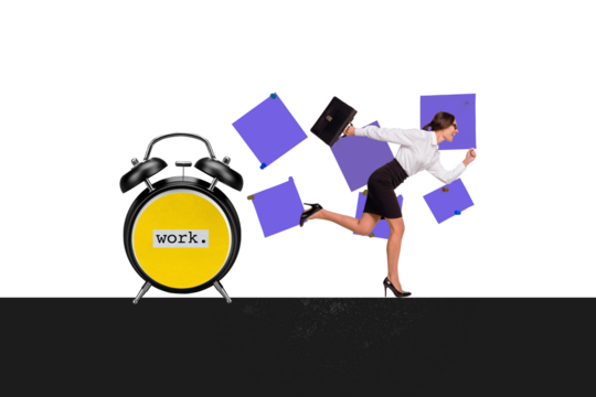 Trend artwork composite image 3D photo collage of young multitask office lady wake up run for work overloaded burnout have many tasks