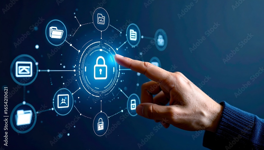 Poster a finger touches a glowing padlock icon surrounded by other digital file-related icons, representing