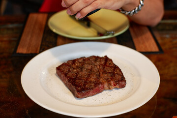 Steak salad on the white background.