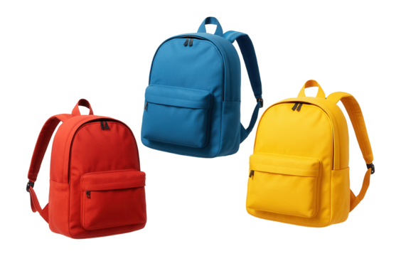 School supplies set with three colorful backpacks.