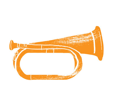 Bugle, clarion. Music festival poster. Wind musical instruments. Competition. A set of vector illustrations. Minimalistic design. Banner, flyer, cover, print.	