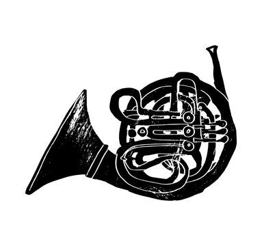French horn. Music festival poster. Wind musical instruments. Competition. A set of vector illustrations. Minimalistic design. Banner, flyer, cover, print.	