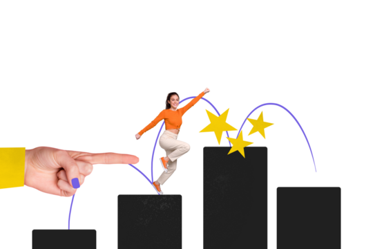 3D photo collage composite trend artwork sketch image of young hardworking lady jump to platform work promotion achieve high goal