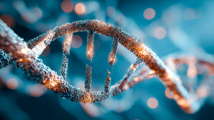 Close-up of a frosty dna double helix structure with a vibrant bokeh background
