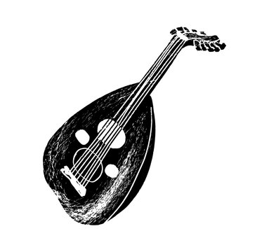 Oud, folk. Music festival poster. String musical instruments. Competition. A set of vector illustrations. Minimalistic design. Banner, flyer, cover, print.	