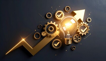 A glowing lightbulb, gears, checkmarks, and an upward arrow in gold tones on a dark surface symbolize innovation, progress, and success.