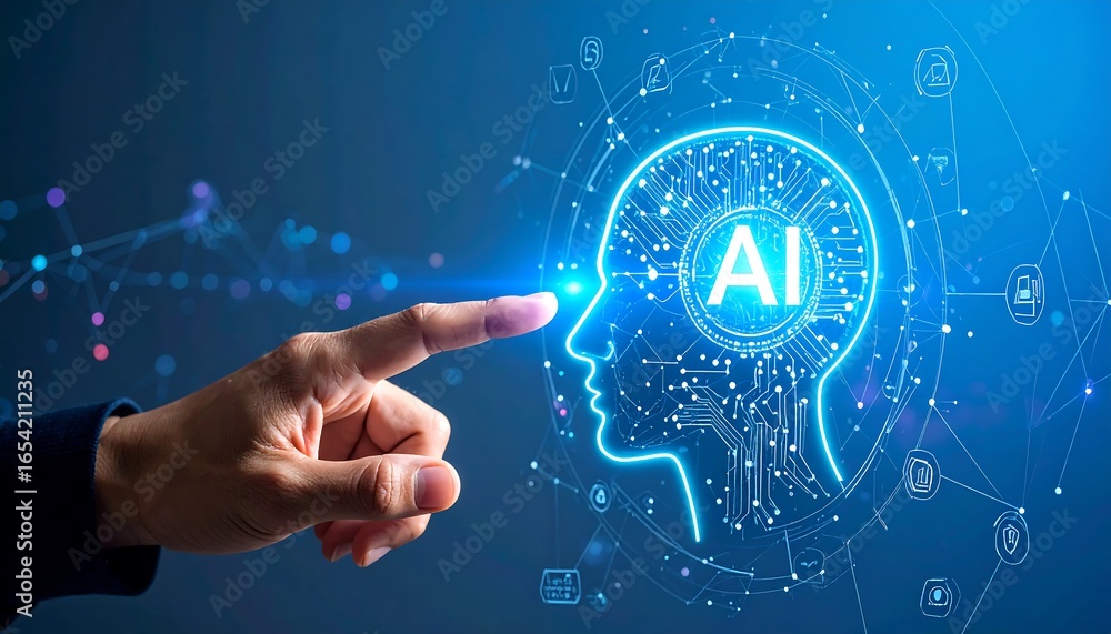 Poster a hand interacts with a glowing ai head outlined with circuits, representing artificial intelligence