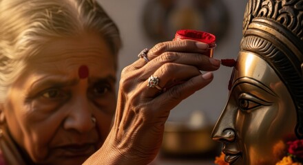 Elderly woman applies vermilion to a deity's forehead