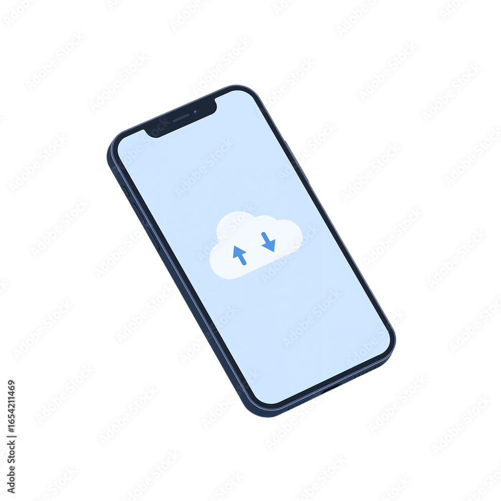 Poster smartphone displaying a cloud storage icon, illustrating data transfer.