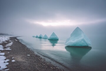 Icebergs in a misty, tranquil, winter scene