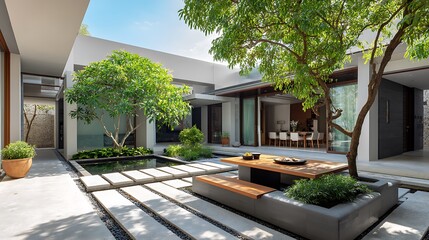 Inviting courtyard with tranquil pond and garden creating a serene ambiance