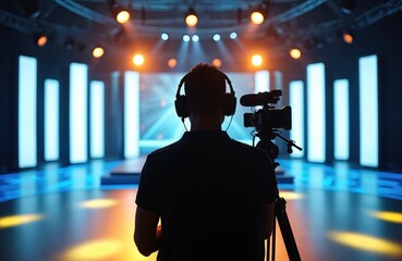 Fototapeta na wymiar Pro cameraman with headphones films live event on stage with vibrant lights. Videographer captures broadcast production, focusing on action in television studio. Media industry work.