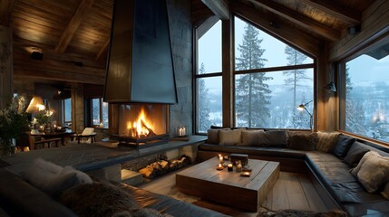 Rustic interior with crackling fireplace and snow landscape through large windows