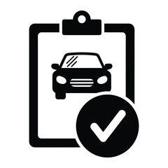 A clipboard with a car icon and a check mark indicating a passed inspection in black and white style vector