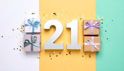 Nicely wrapped presents and number 21. Photo for birthday or anniversary party