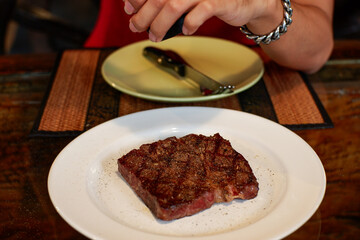 Steak salad on the white background.